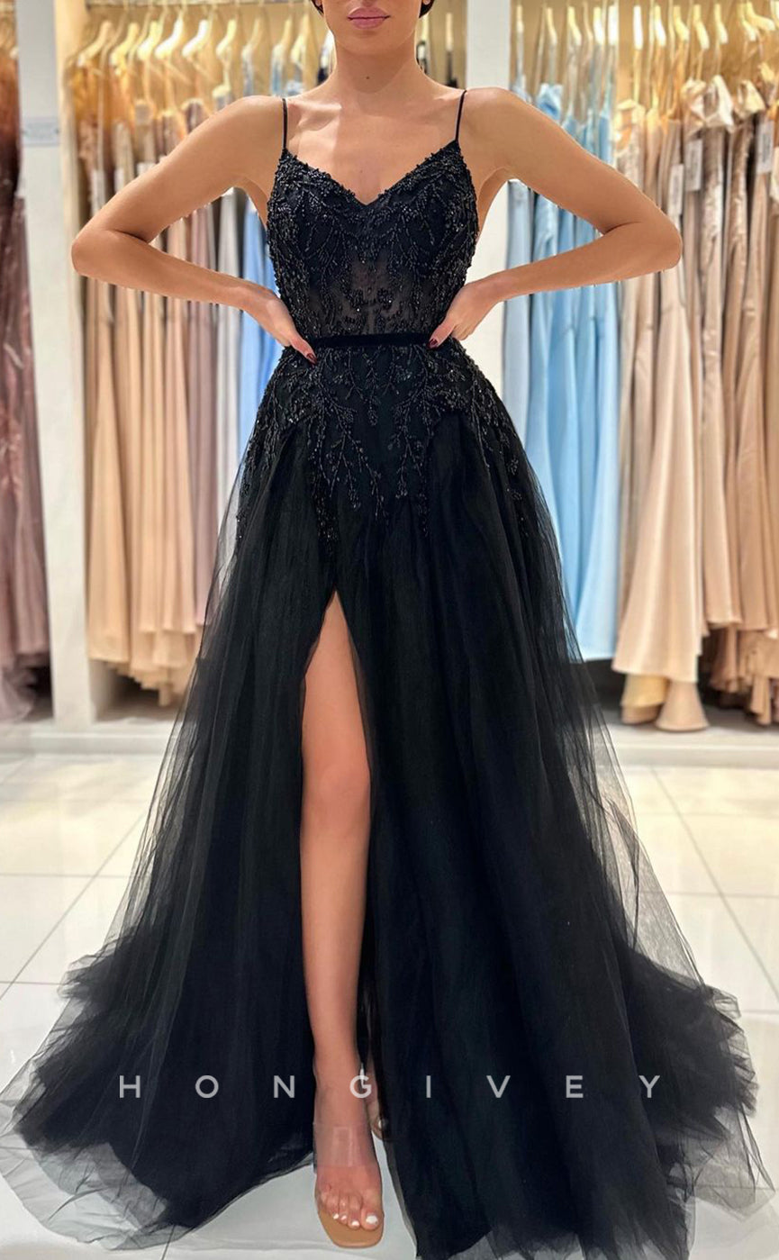 L1894 - Sexy Tulle A-Line V-Neck Spaghetti Straps Empire Beaded With Side Slit Party Prom Evening Dress - Fashionpara