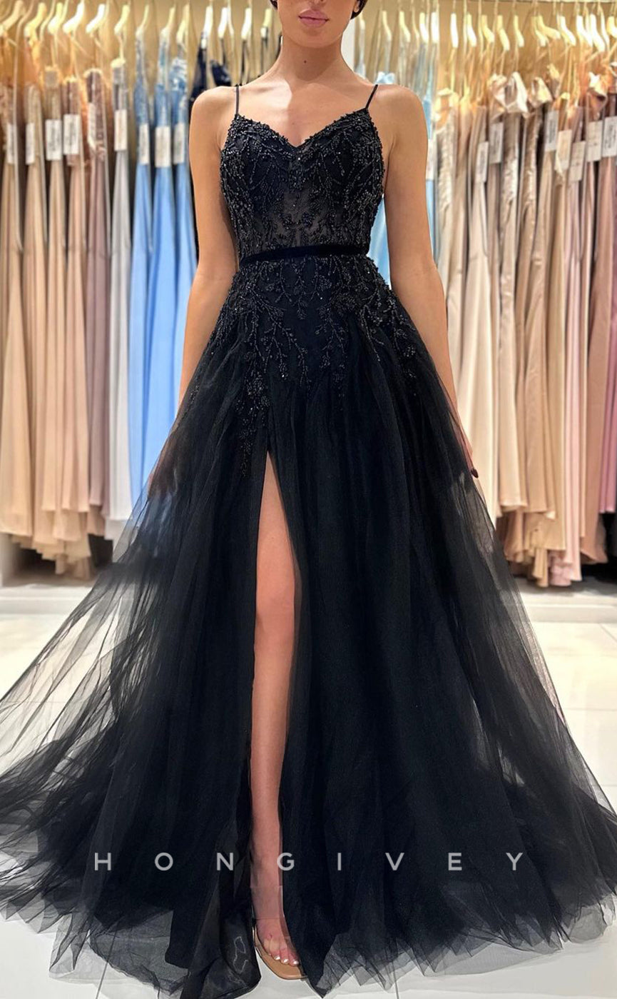 L1894 - Sexy Tulle A-Line V-Neck Spaghetti Straps Empire Beaded With Side Slit Party Prom Evening Dress - Fashionpara