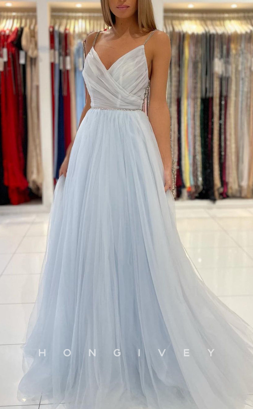 L1895 - Sexy Illusion Tulle A-Line V-Neck Spaghetti Straps Empire Beaded Party Prom Evening Dress - Fashionpara