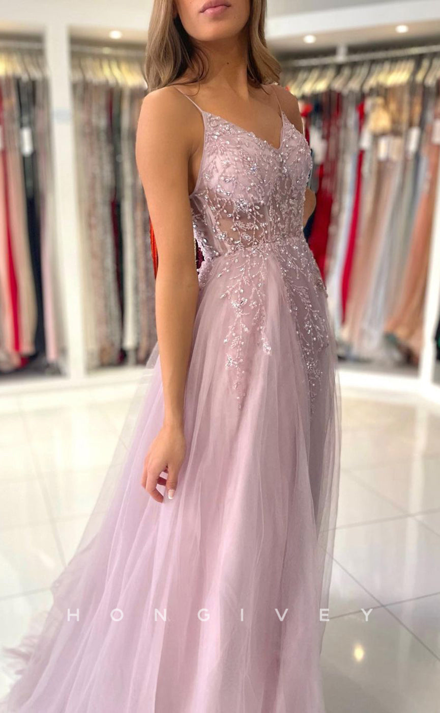 L1896 - Sexy Illusion Tulle A-Line V-Neck Spaghetti Straps Empire Beaded Appliques Party Prom Evening Dress - Fashionpara