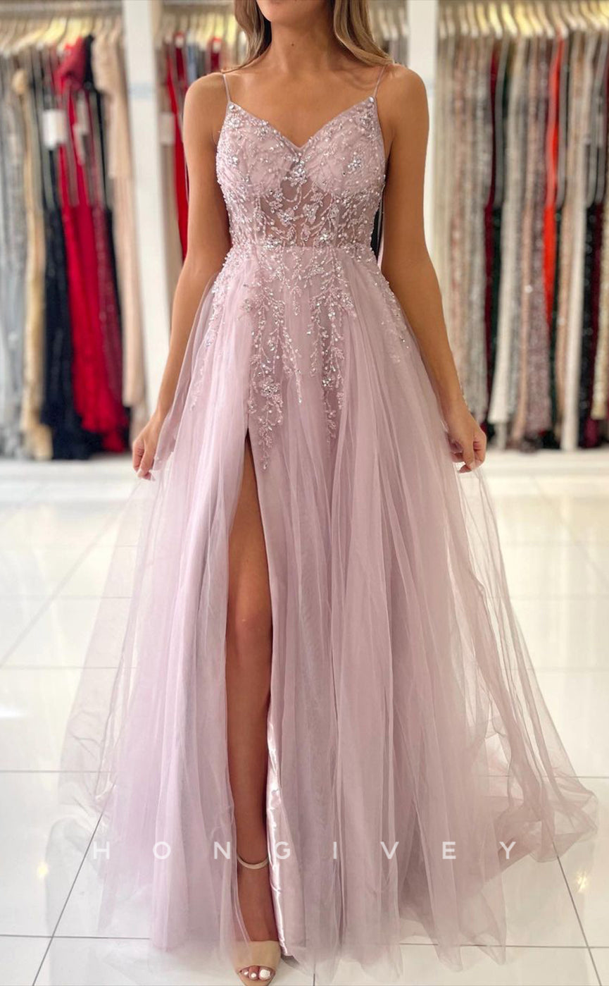 L1896 - Sexy Illusion Tulle A-Line V-Neck Spaghetti Straps Empire Beaded Appliques Party Prom Evening Dress - Fashionpara