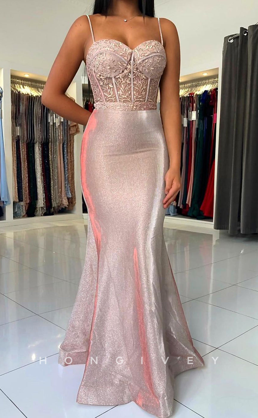 L1898 - Sexy Satin Trumpt Sweetheart Spaghetti Straps Illusion Empire Appliques Party Prom Evening Dress - Fashionpara