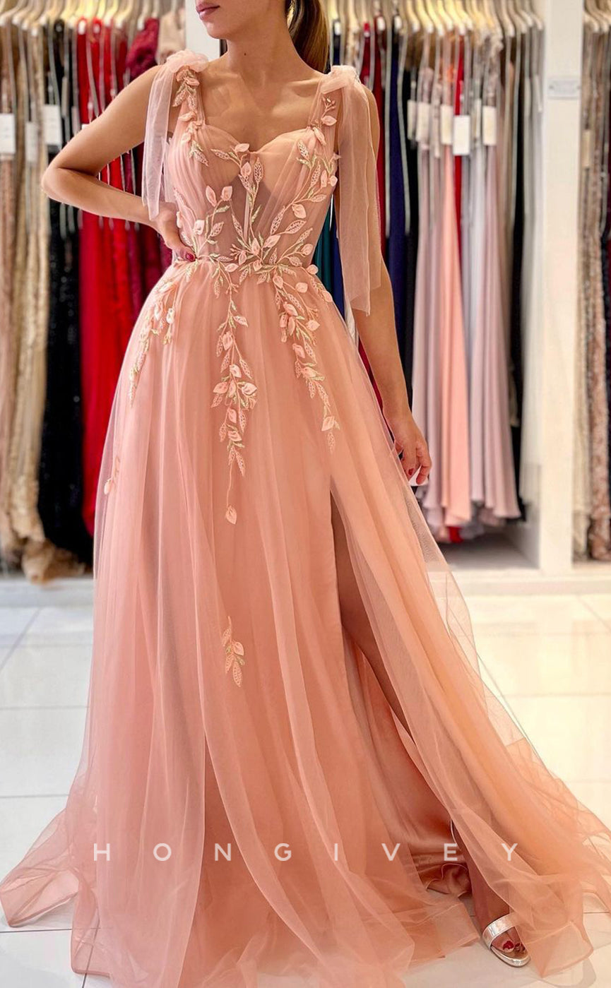 L1899 - Sexy Tulle A-Line Sweetheart Bowknot Straps Empire Appliques With Side Slit Party Prom Evening Dress - Fashionpara