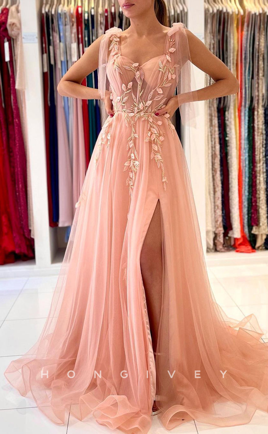 L1899 - Sexy Tulle A-Line Sweetheart Bowknot Straps Empire Appliques With Side Slit Party Prom Evening Dress - Fashionpara