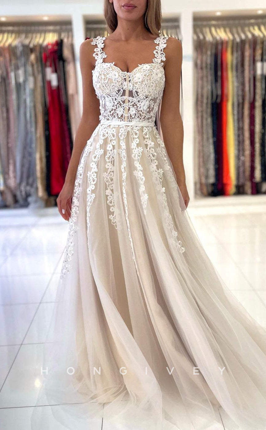 L1900 - Chic Tulle A-Line Empire Sweetheart Spaghetti Straps Illusion Appliques Party Prom Evening Dress - Fashionpara