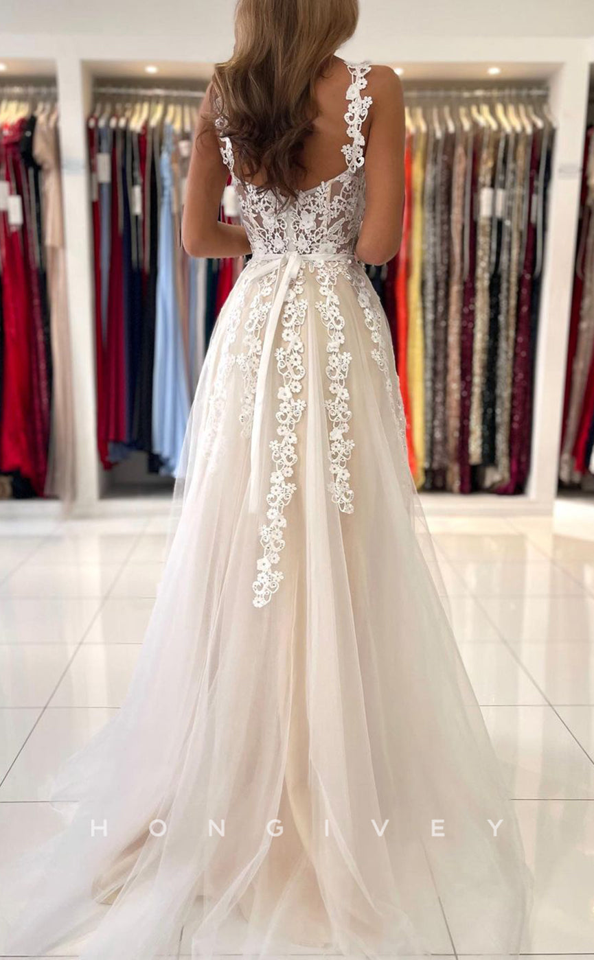 L1900 - Chic Tulle A-Line Empire Sweetheart Spaghetti Straps Illusion Appliques Party Prom Evening Dress - Fashionpara