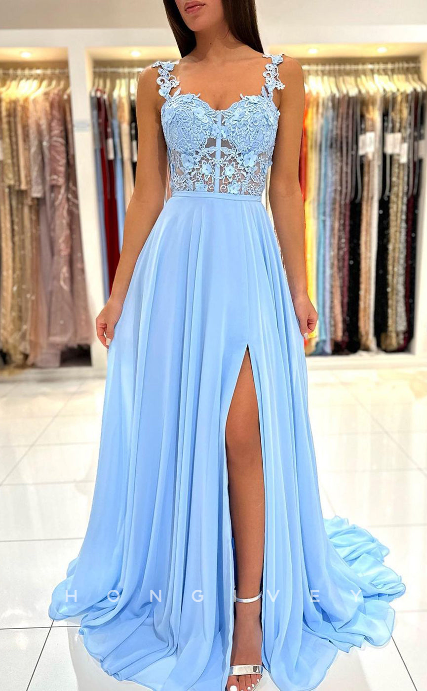 L1901 - Sexy Satin A-Line Sweetheart Straps Illusion Empire With Side Slit Party Prom Evening Dress - Fashionpara