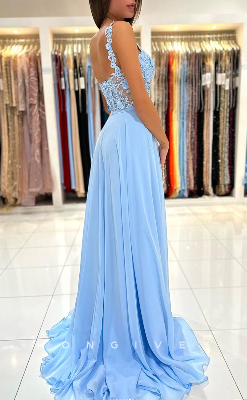L1901 - Sexy Satin A-Line Sweetheart Straps Illusion Empire With Side Slit Party Prom Evening Dress - Fashionpara