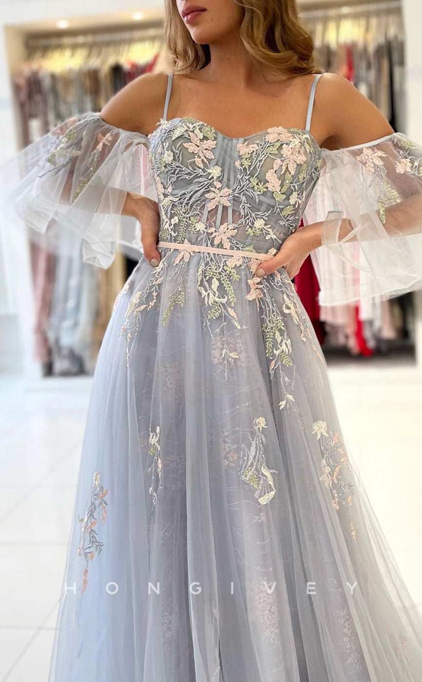 L1902 - Sexy Tulle A-Line Off-Shoulder Spaghetti Straps Empire Appliques Party Prom Evening Dress - Fashionpara