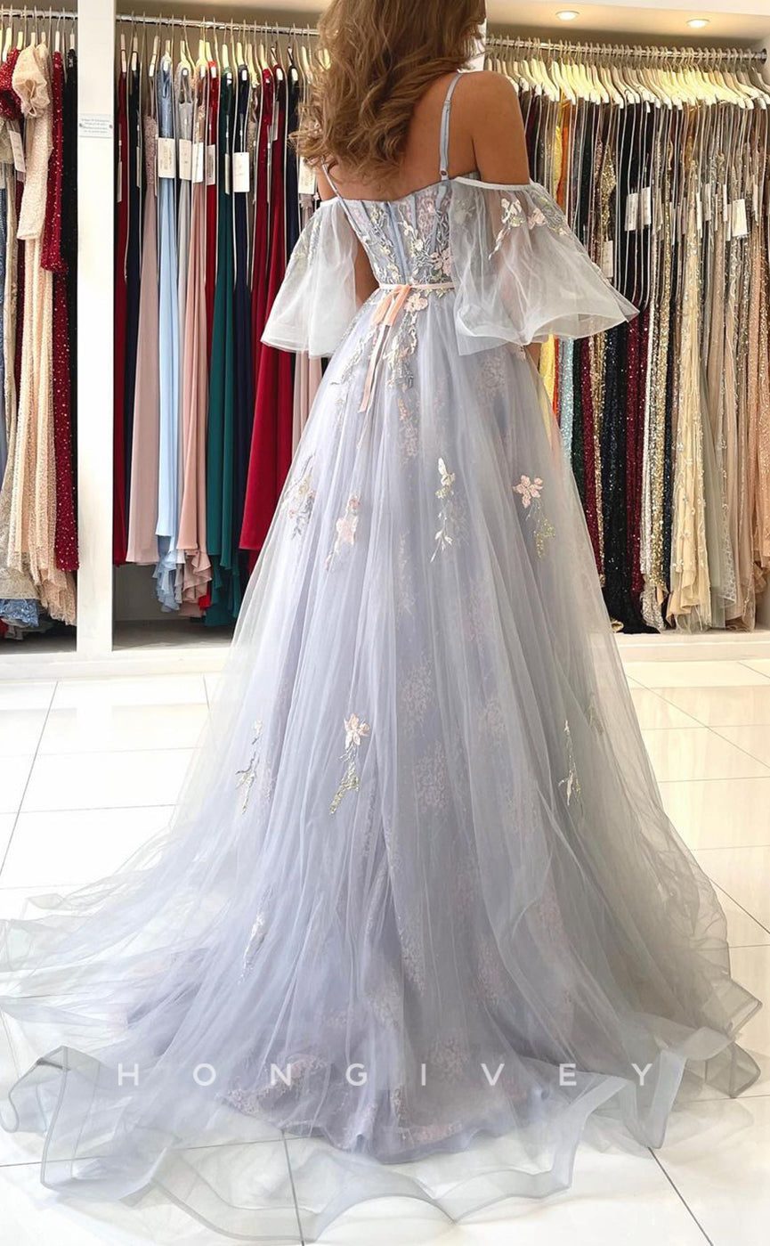 L1902 - Sexy Tulle A-Line Off-Shoulder Spaghetti Straps Empire Appliques Party Prom Evening Dress - Fashionpara