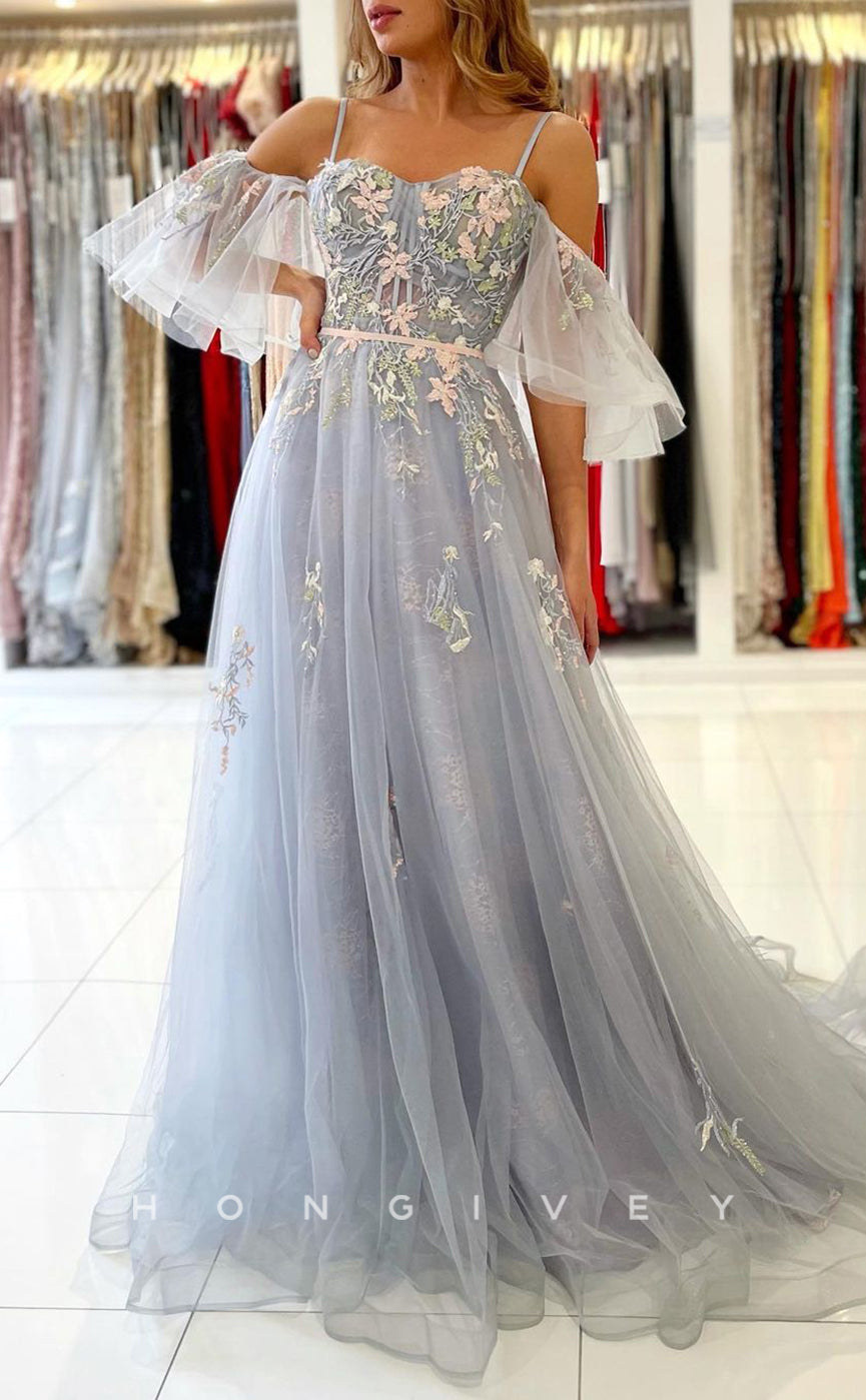 L1902 - Sexy Tulle A-Line Off-Shoulder Spaghetti Straps Empire Appliques Party Prom Evening Dress - Fashionpara