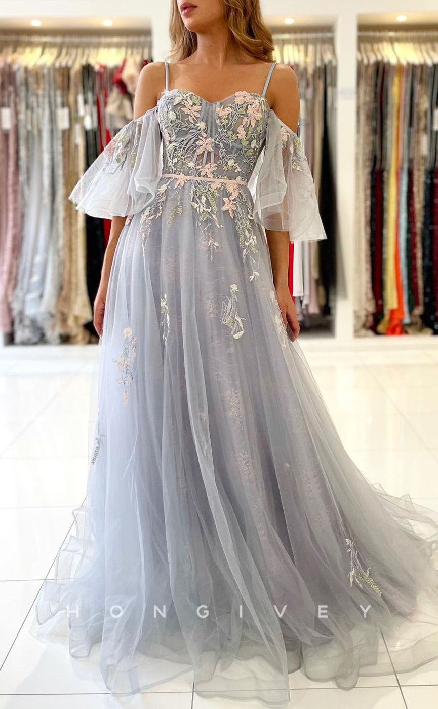 L1902 - Sexy Tulle A-Line Off-Shoulder Spaghetti Straps Empire Appliques Party Prom Evening Dress - Fashionpara