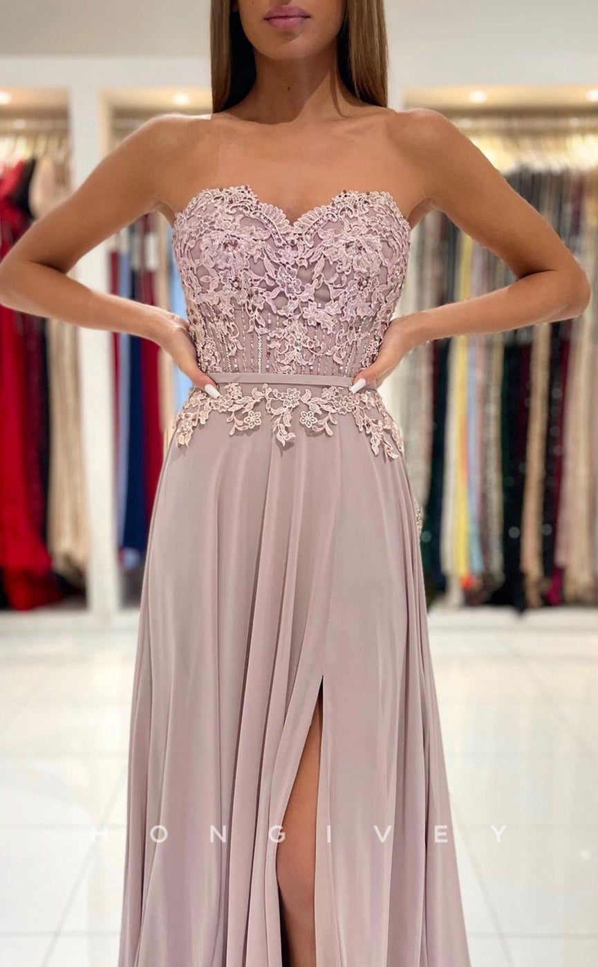 L1903 - Sexy Satin A-Line Sweetheart Strapless Empire Appliques With Side Slit Party Prom Evening Dress - Fashionpara