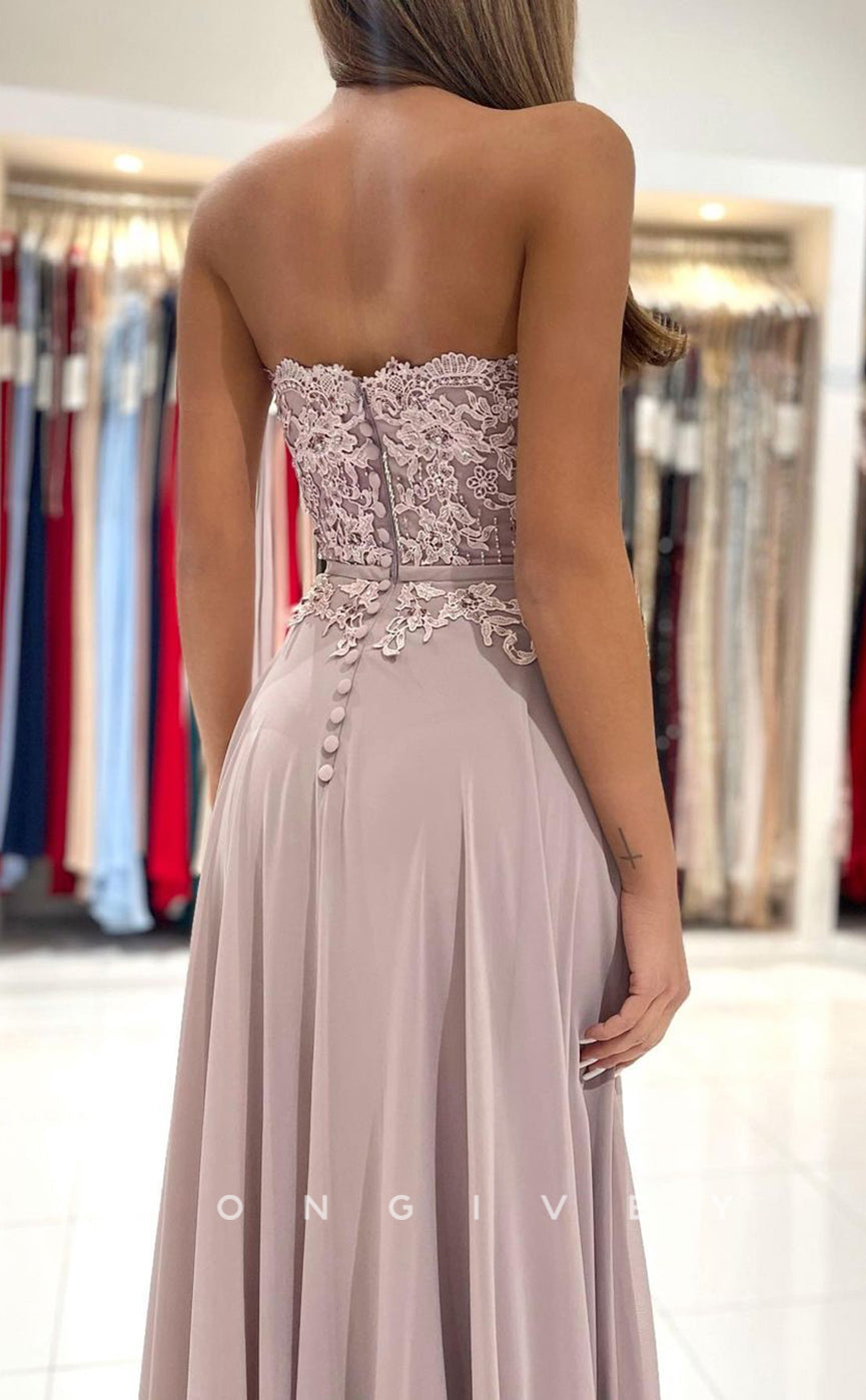 L1903 - Sexy Satin A-Line Sweetheart Strapless Empire Appliques With Side Slit Party Prom Evening Dress - Fashionpara