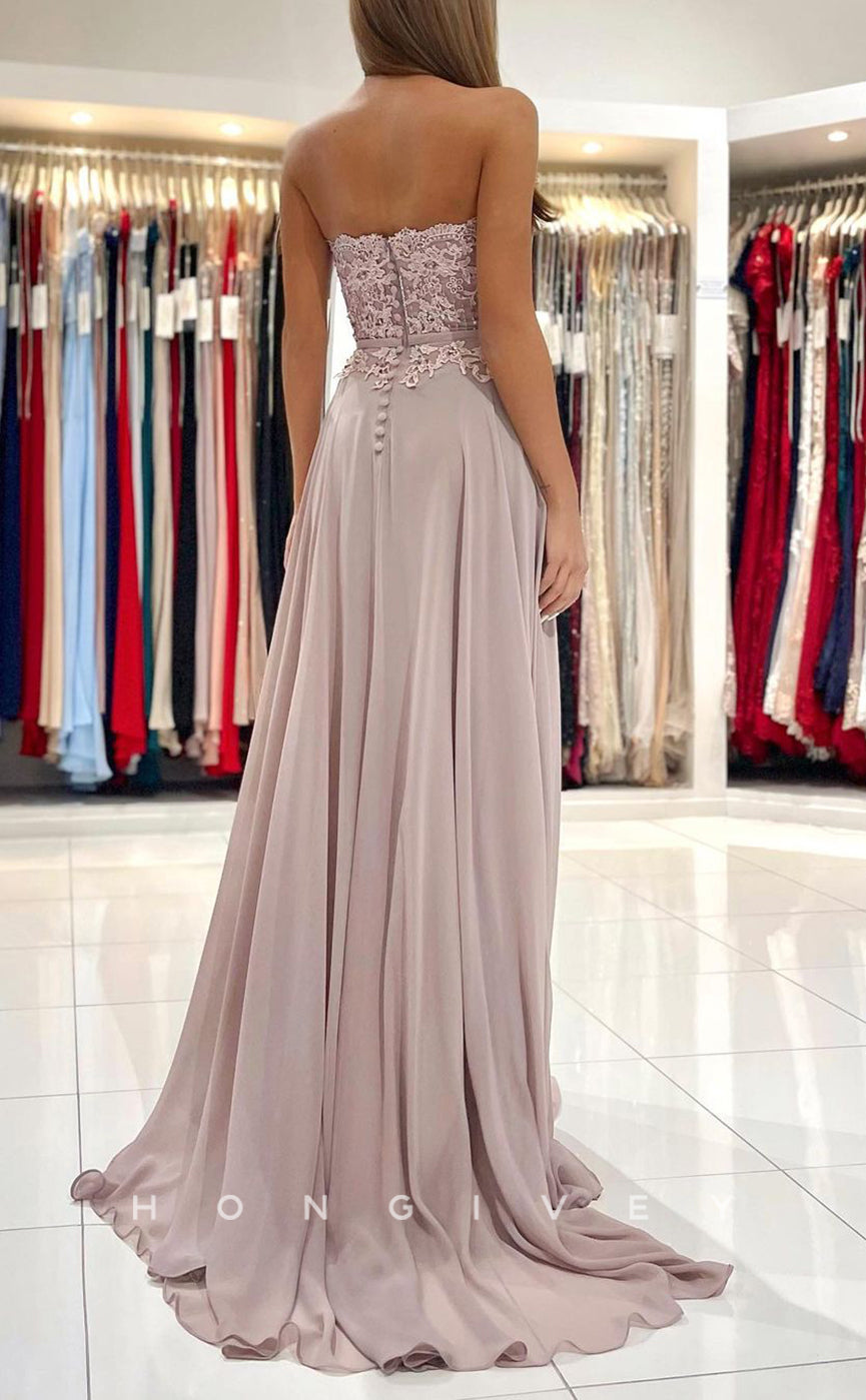L1903 - Sexy Satin A-Line Sweetheart Strapless Empire Appliques With Side Slit Party Prom Evening Dress - Fashionpara