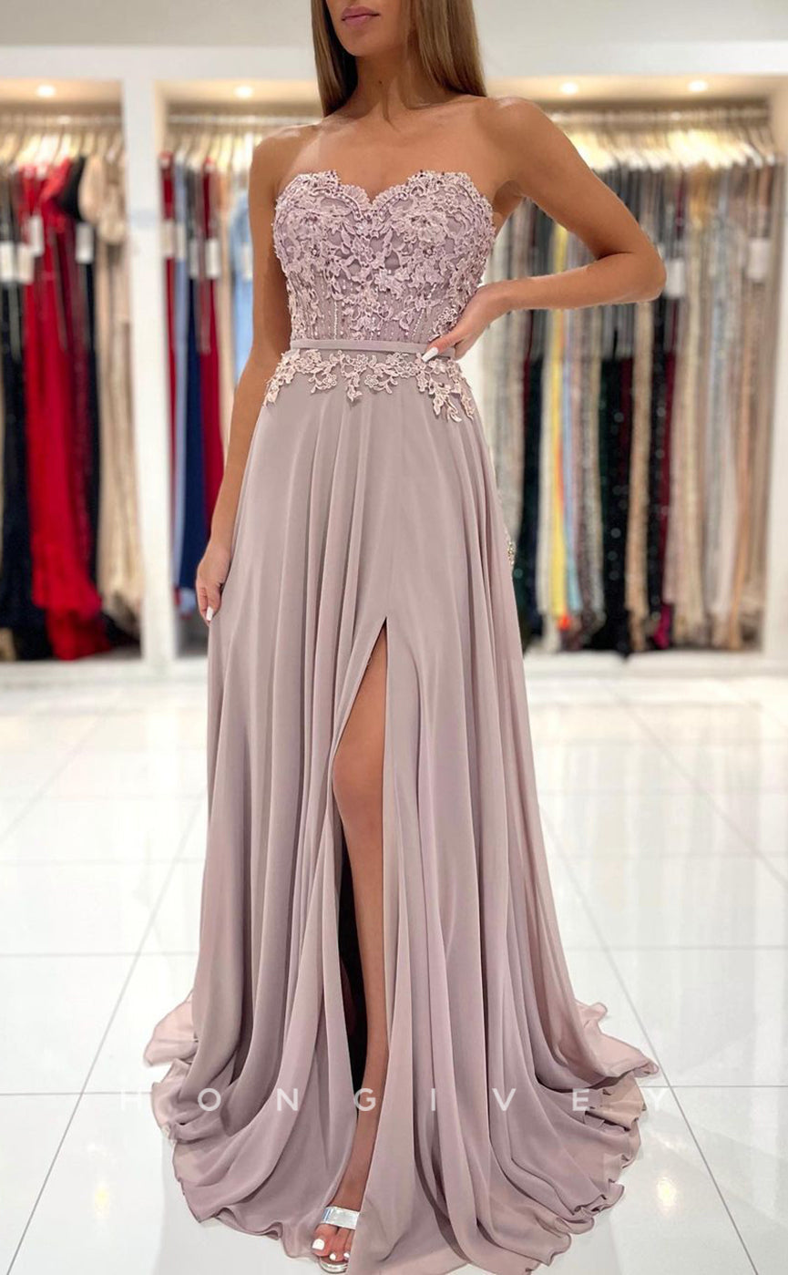 L1903 - Sexy Satin A-Line Sweetheart Strapless Empire Appliques With Side Slit Party Prom Evening Dress - Fashionpara