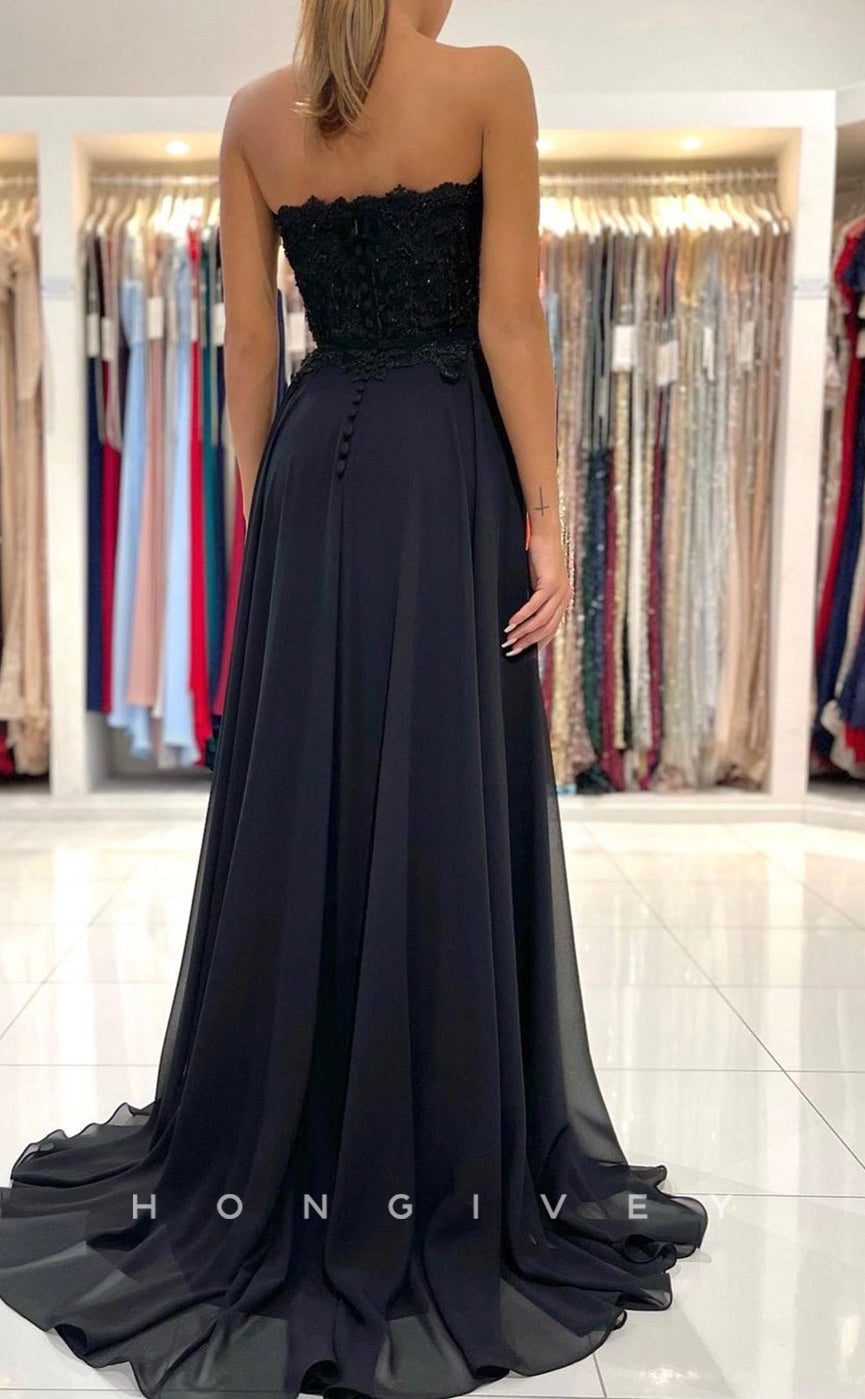 L1904 - Sexy Satin A-Line Sweetheart Strapless Empire Appliques With Side Slit Party Prom Evening Dress - Fashionpara
