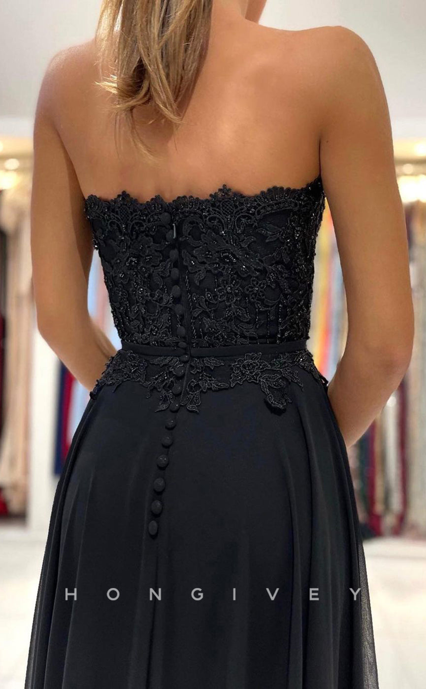 L1904 - Sexy Satin A-Line Sweetheart Strapless Empire Appliques With Side Slit Party Prom Evening Dress - Fashionpara