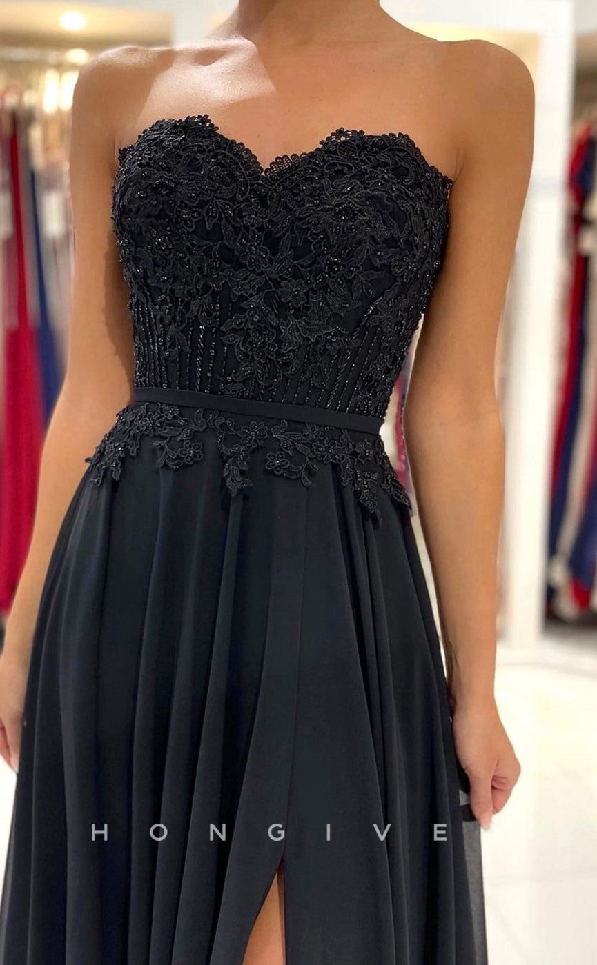 L1904 - Sexy Satin A-Line Sweetheart Strapless Empire Appliques With Side Slit Party Prom Evening Dress - Fashionpara