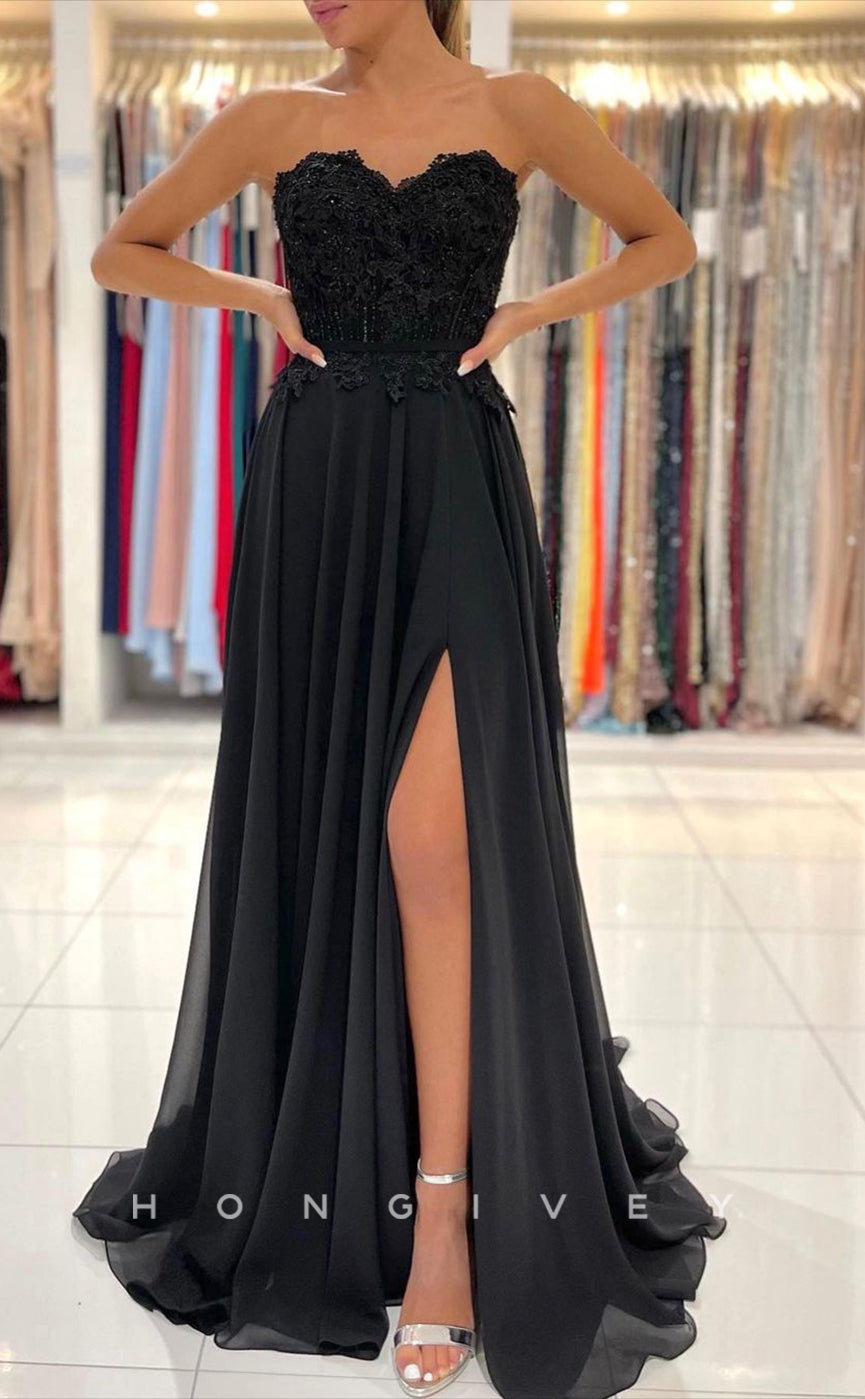 L1904 - Sexy Satin A-Line Sweetheart Strapless Empire Appliques With Side Slit Party Prom Evening Dress - Fashionpara