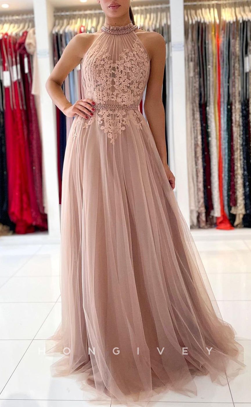 L1905 - Sexy Tulle A-Line High Neck Empire Sleeveless  Appliques With Train Party Prom Evening Dress - Fashionpara