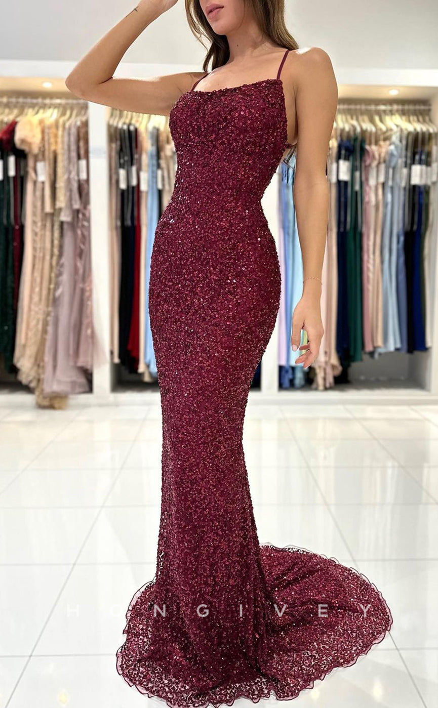 L1906 - Sexy Trumpt Glitter Bateau Spaghetti Straps Sequined Empire Lace-Up Party Prom Evening Dress - Fashionpara