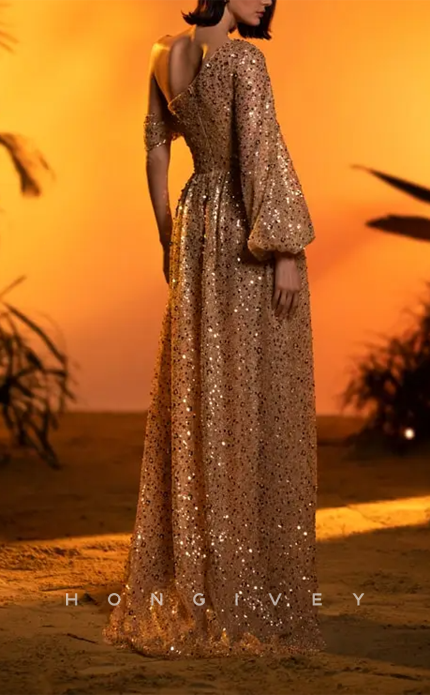 L1911 - Sexy A-Line One Shoulder Empire Long Sleeve Fully Sequined With Side Slit Party Prom Evening Dress - Fashionpara