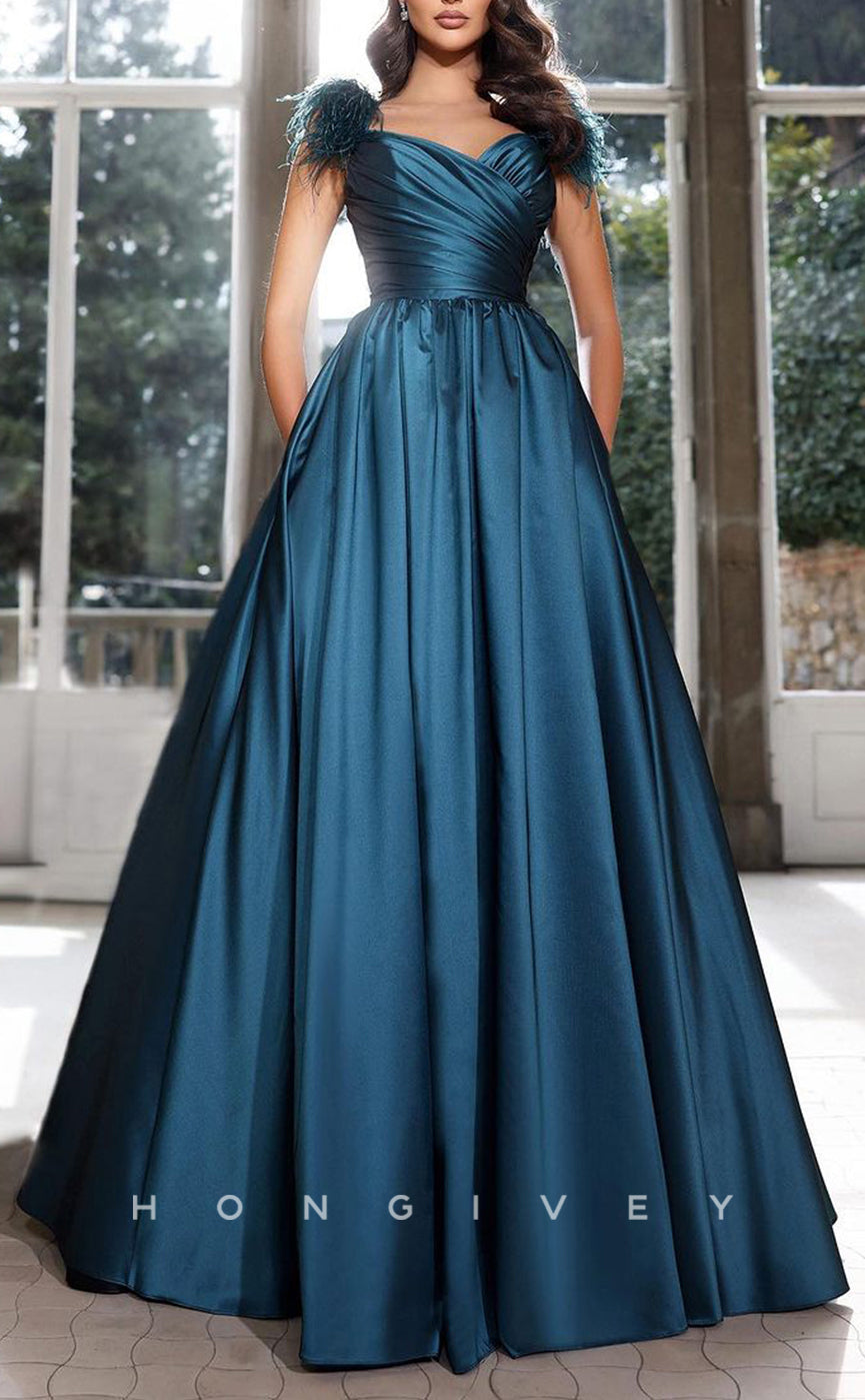 L1914 - Sexy Satin A-Line Asymmetrical Empire Ruched Feathers Floor-Length Party Prom Evening Dress - Fashionpara