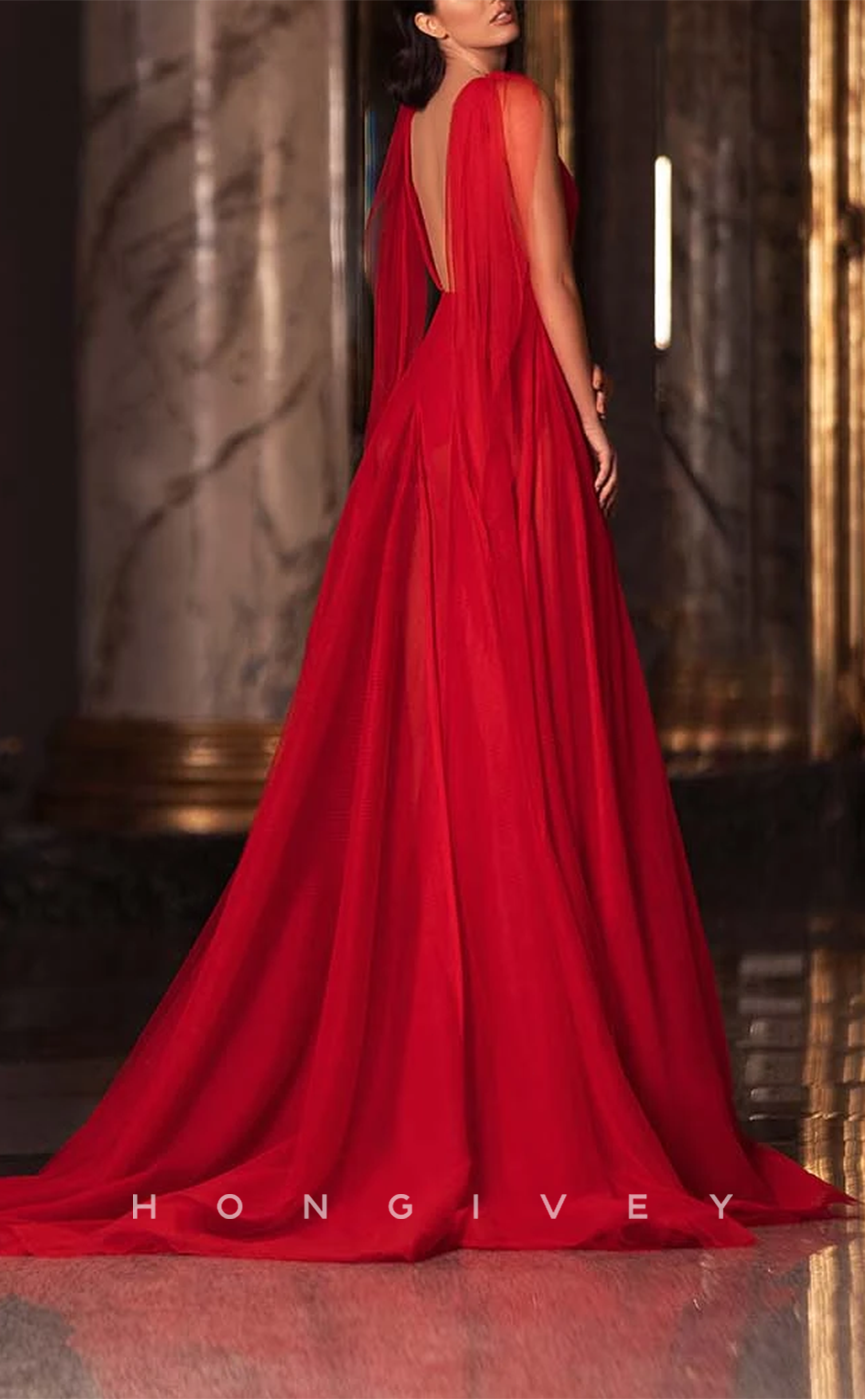 L1932 - Sexy Tulle A-Line V-Neck Straps Sleeveless Empire With Train Party Prom Evening Dress - Fashionpara