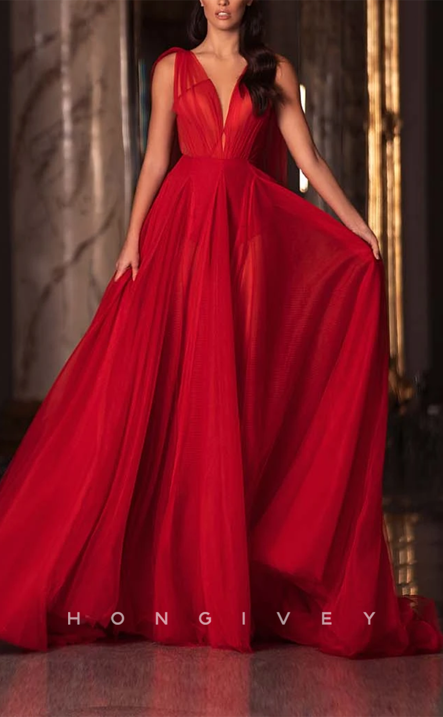 L1932 - Sexy Tulle A-Line V-Neck Straps Sleeveless Empire With Train Party Prom Evening Dress - Fashionpara