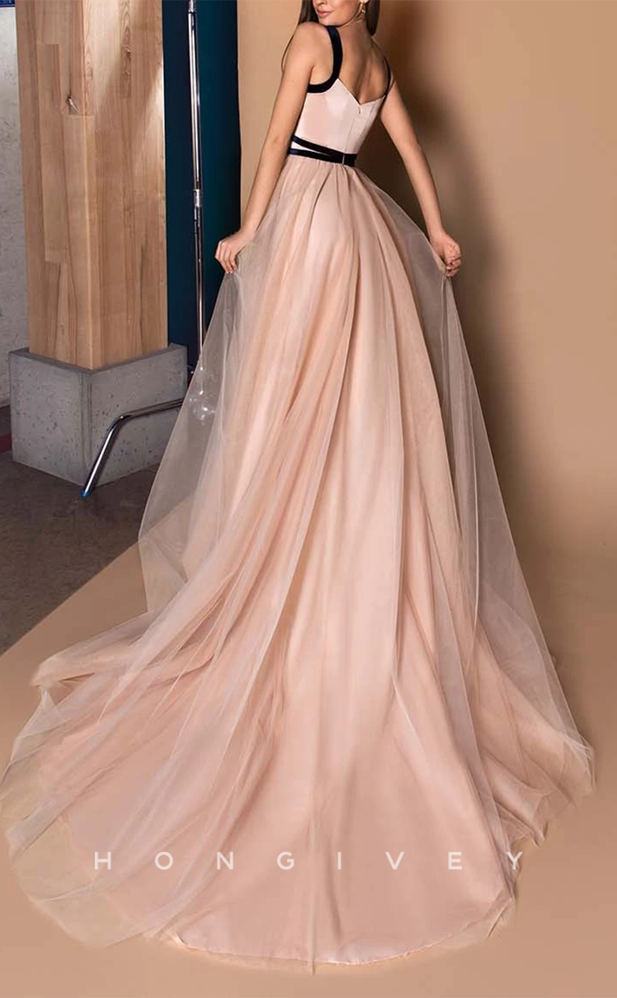 L1934 - Sexy Tulle A-Line Square Straps Empire Strappy Paneled With Train Party Prom Evening Dress - Fashionpara