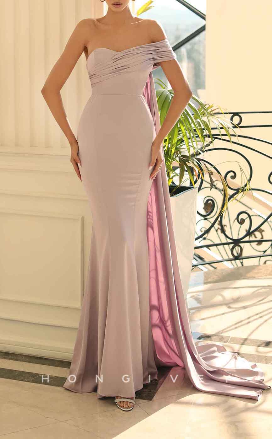 L1939 - Sexy Satin Trumpt One Shoulder Empire Ruched With Train Party Prom Evening Dress - Fashionpara