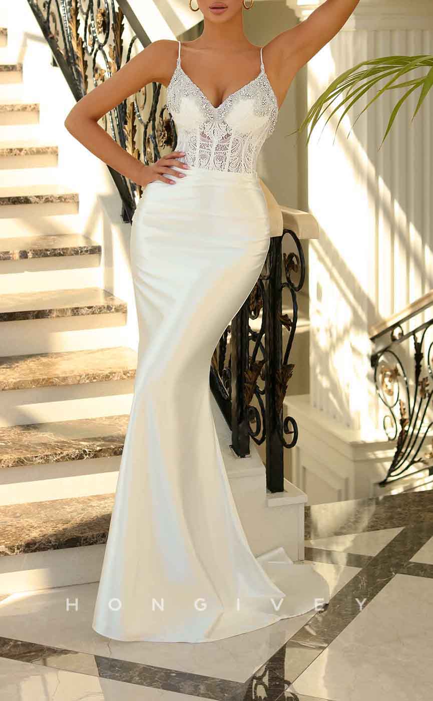 L1948 - Sexy Satin Trumpt V-Neck Spaghetti Straps Empire Beaded Appliques Party Prom Evening Dress - Fashionpara