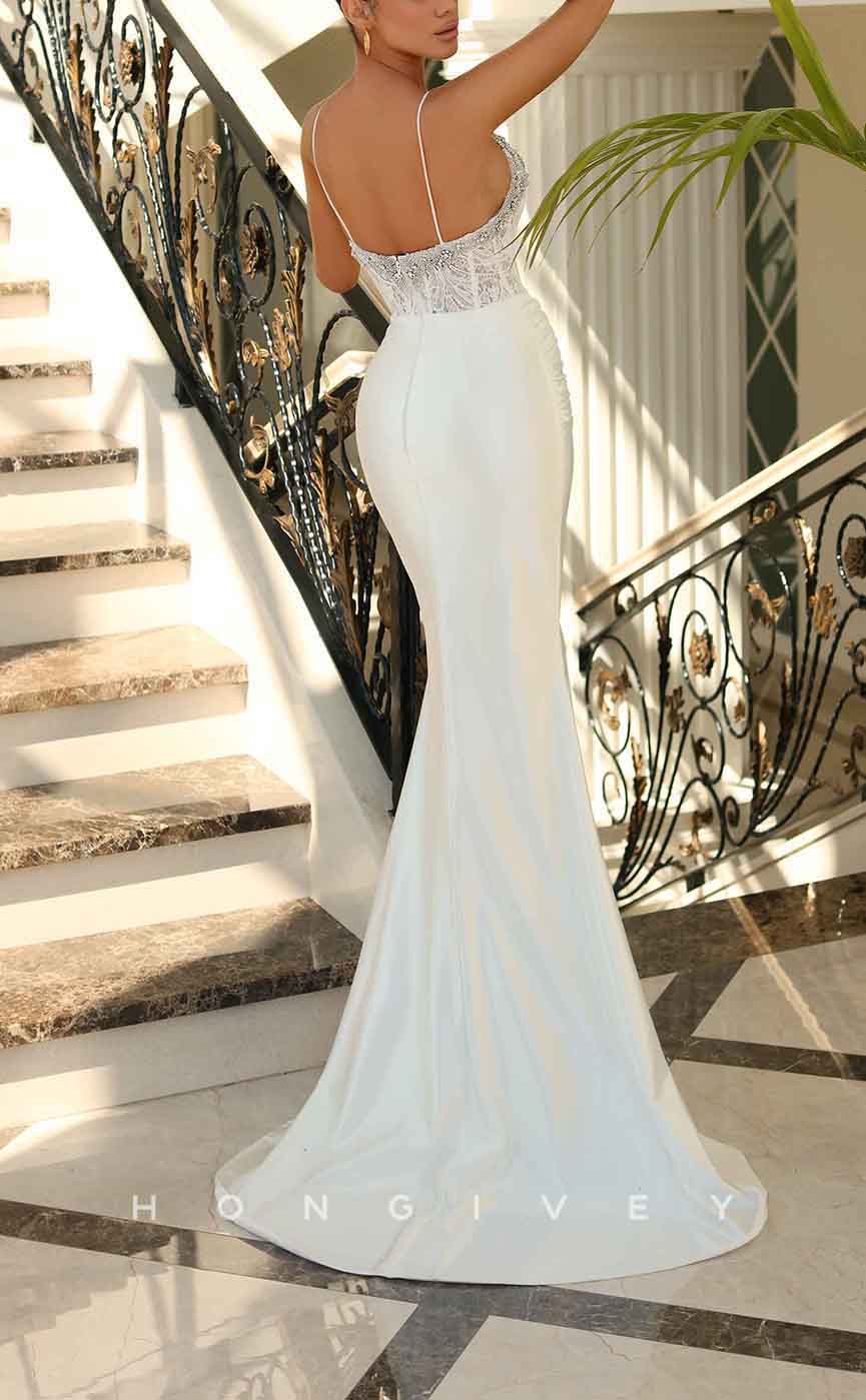 L1948 - Sexy Satin Trumpt V-Neck Spaghetti Straps Empire Beaded Appliques Party Prom Evening Dress - Fashionpara