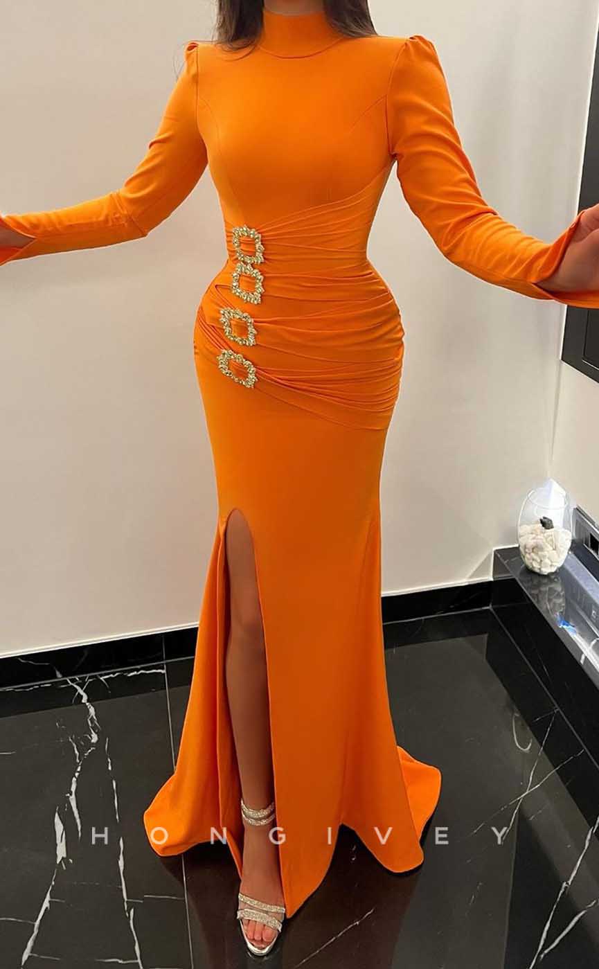 L1971 - Sexy Satin Trumpt High Neck Long Sleeves Empire Ruched Beaded Party Prom Evening Dress - Fashionpara