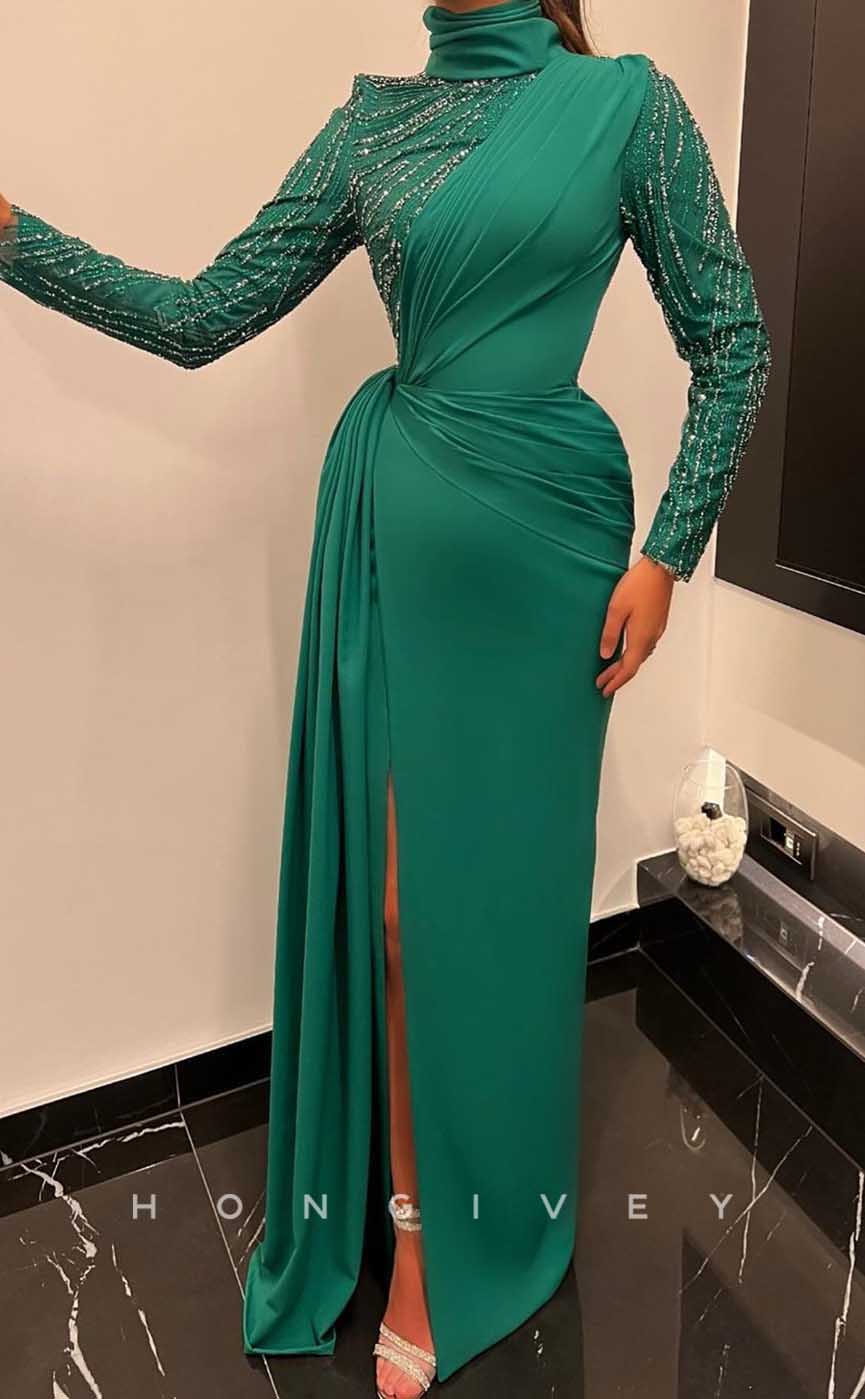L1972 - Sexy Satin Fitted High Neck Long Sleeve Empire Beaded With Side Slit Party Prom Evening Dress - Fashionpara