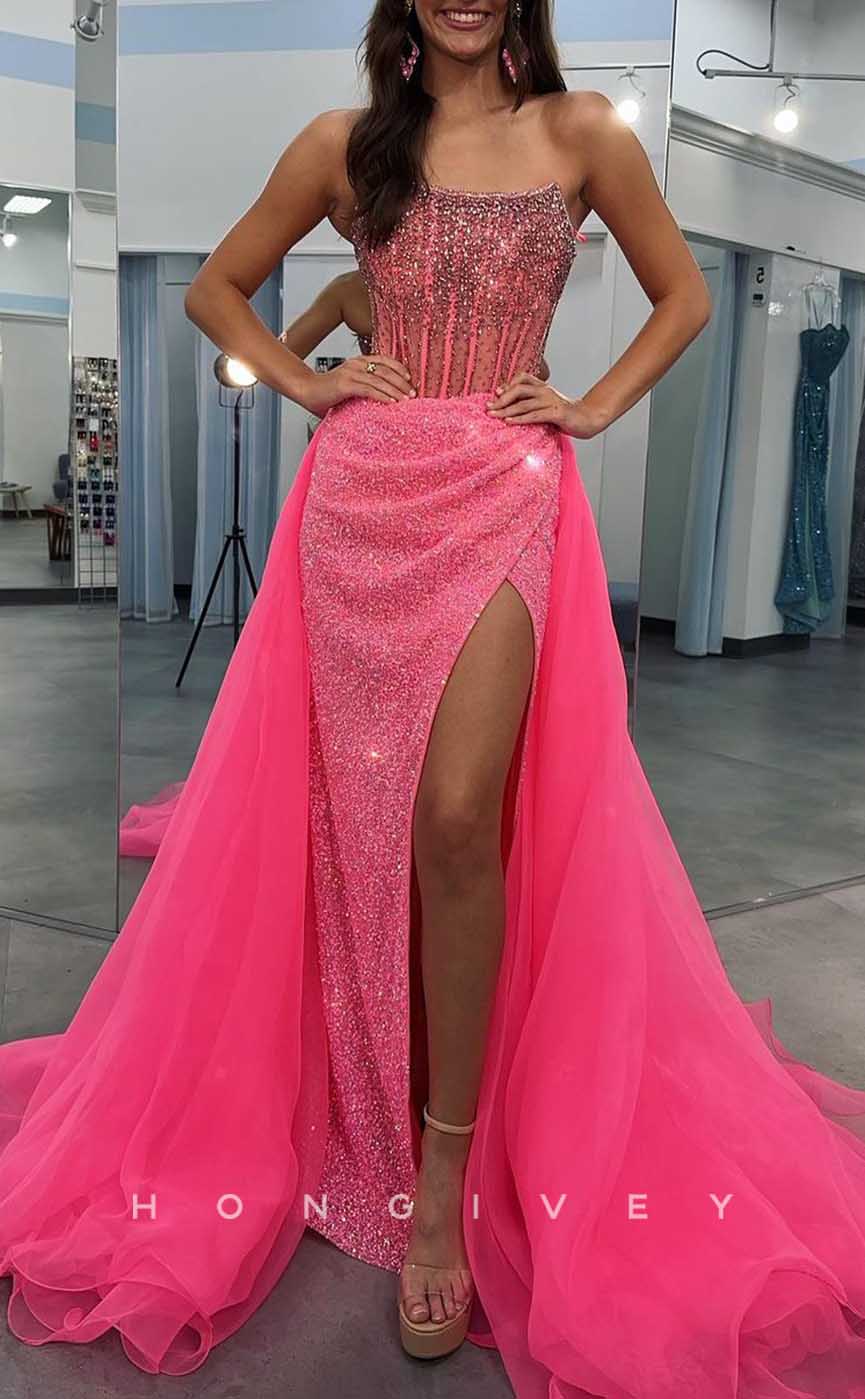 L1976 - Sexy Satin Fitted Bateau Sleeveless Empire Beaded Ruched With Side Slit Train Party Prom Evening Dress - Fashionpara
