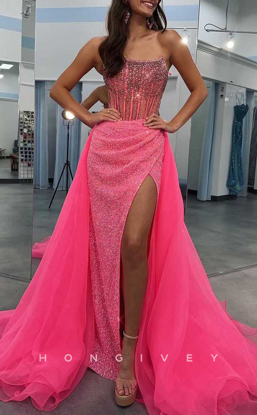 L1976 - Sexy Satin Fitted Bateau Sleeveless Empire Beaded Ruched With Side Slit Train Party Prom Evening Dress - Fashionpara