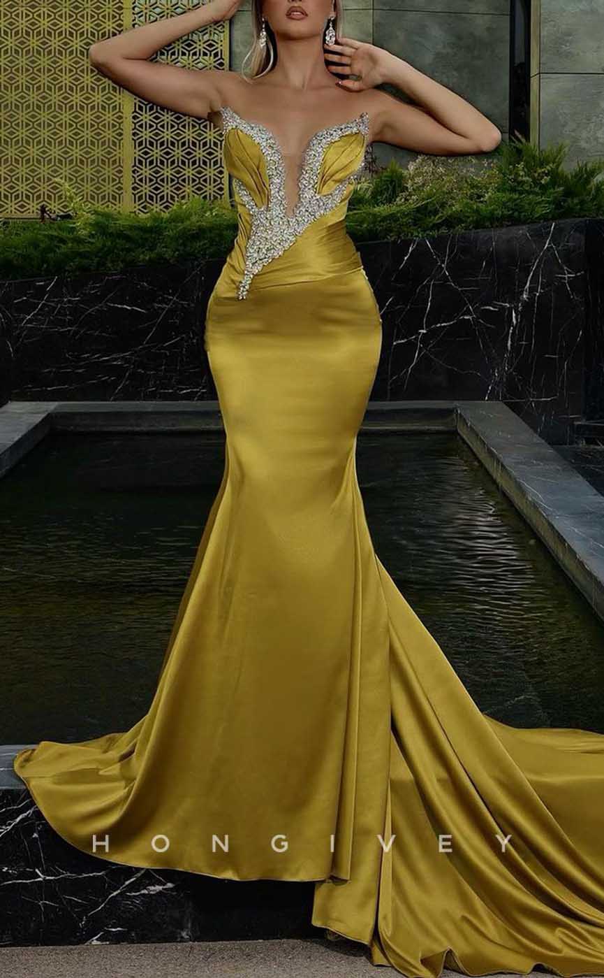 L1979 - Sexy Satin Trumpt Asymmetrical Sleeveless Empire Beaded With Train Party Prom Evening Dress - Fashionpara