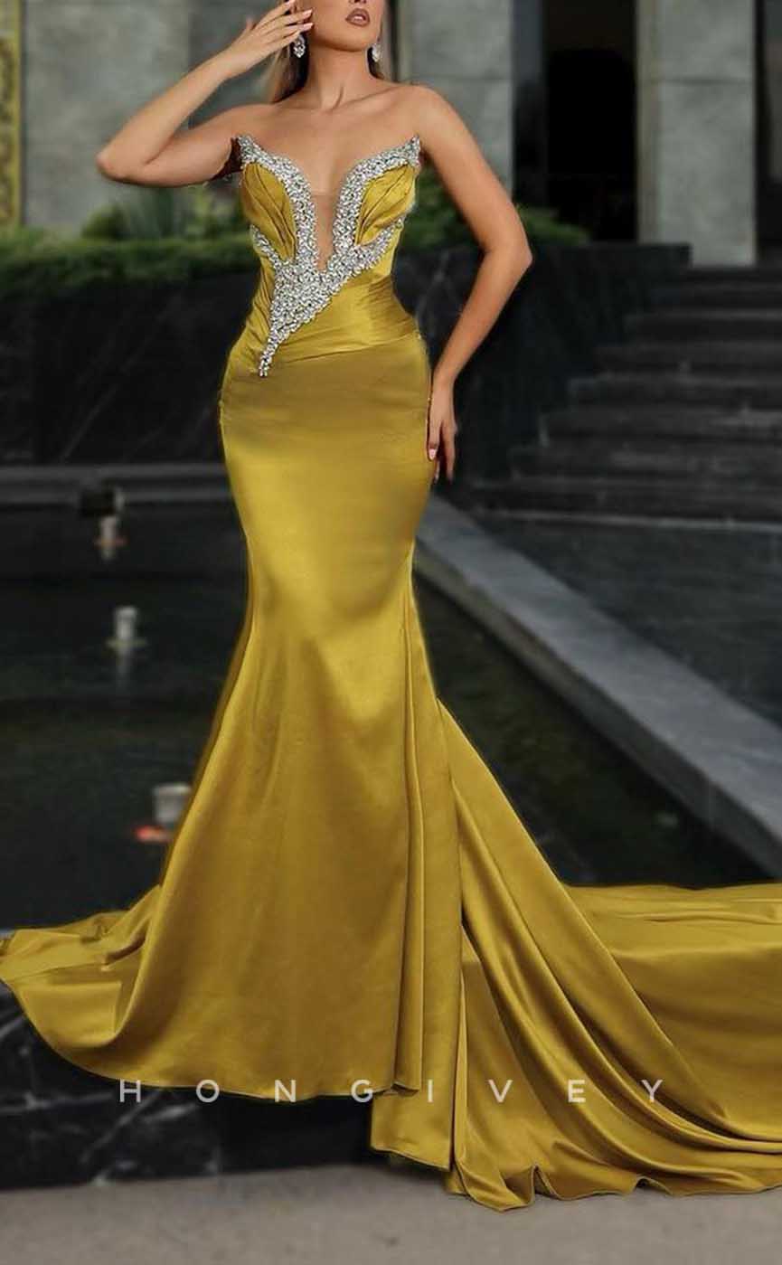 L1979 - Sexy Satin Trumpt Asymmetrical Sleeveless Empire Beaded With Train Party Prom Evening Dress - Fashionpara