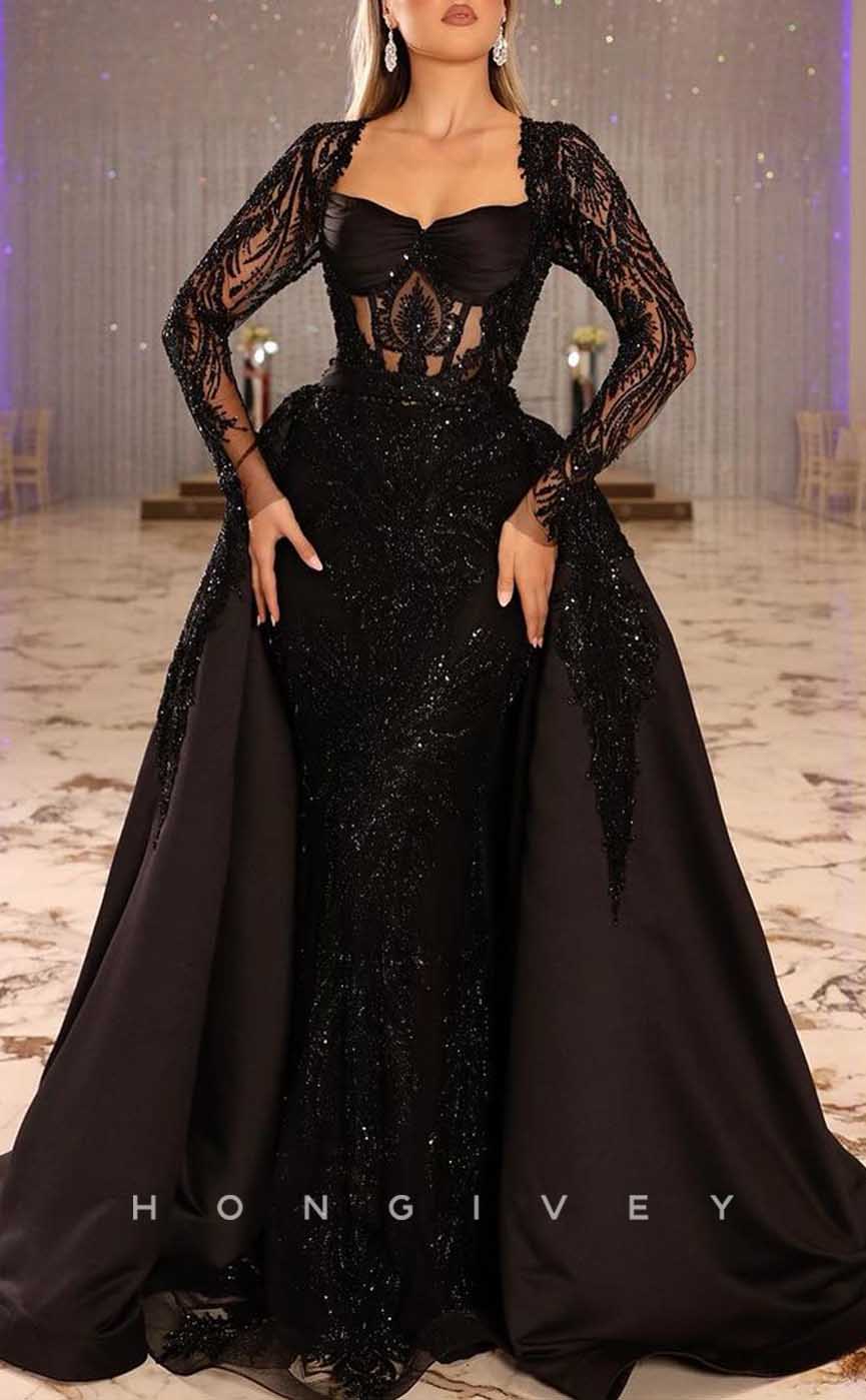 L1980 - Sexy Satin Fitted Glitter Sweetheart Lace Long Sleeves Empire Beaded With Overskirt Party Prom Evening Dress - Fashionpara