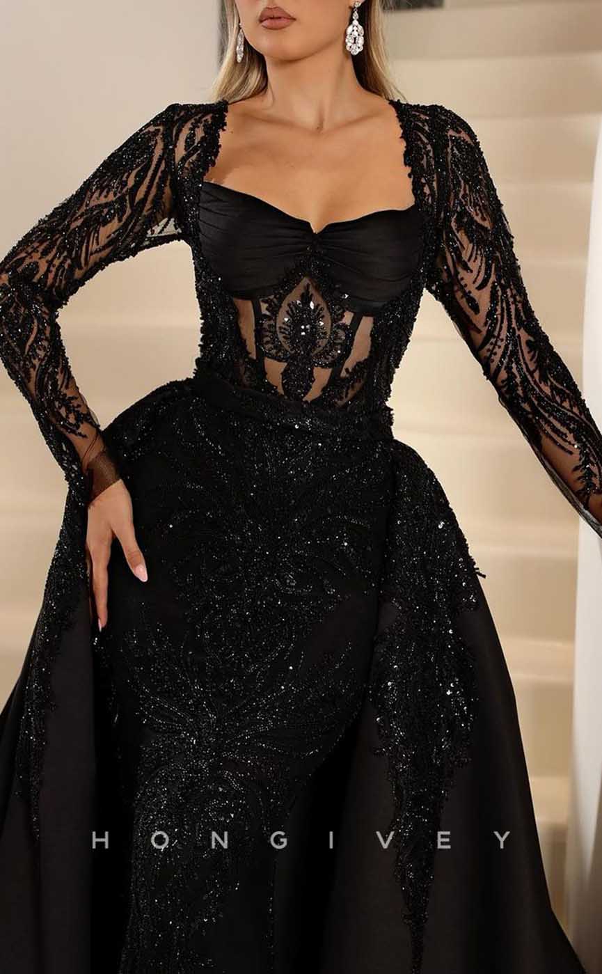 L1980 - Sexy Satin Fitted Glitter Sweetheart Lace Long Sleeves Empire Beaded With Overskirt Party Prom Evening Dress - Fashionpara