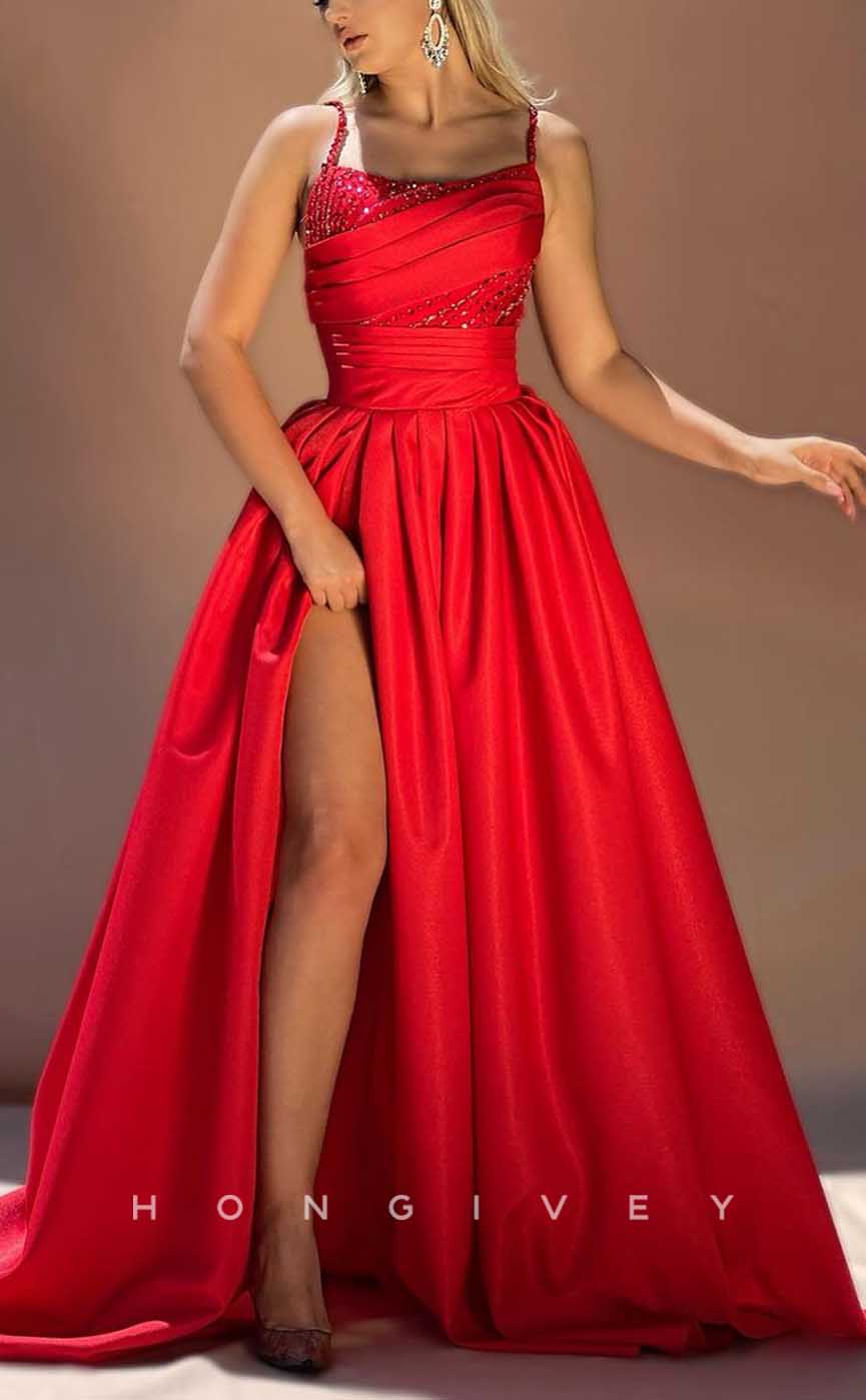 L1982 - Sexy Satin A-Line Square Spaghetti Straps Empire Beaded With Side Slit Party Prom Evening Dress - Fashionpara