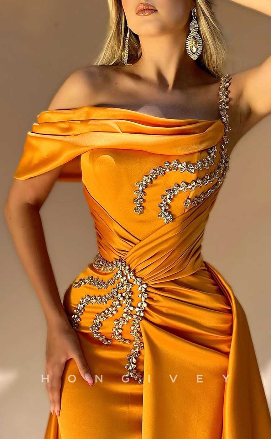 L1983 - Sexy Satin Fitted Asymmetrical Empire Beaded Ruched With Train Party Prom Evening Dress - Fashionpara