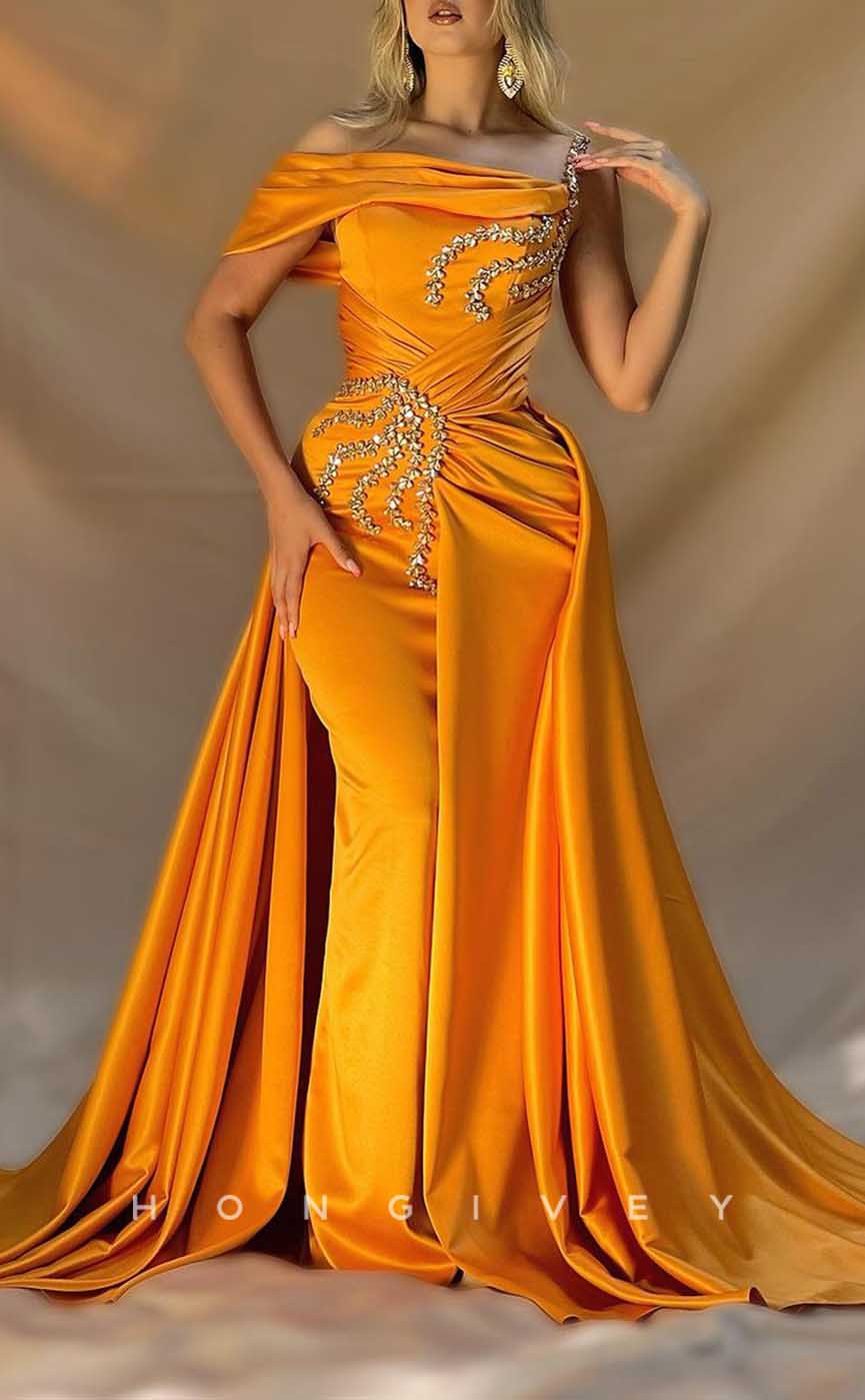 L1983 - Sexy Satin Fitted Asymmetrical Empire Beaded Ruched With Train Party Prom Evening Dress - Fashionpara