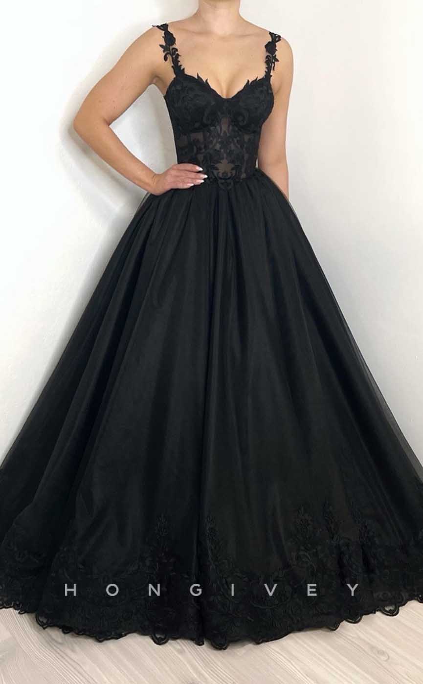 L2001 - Sexy Satin A-Line Sweetheart Straps Illusion Empire Appliques With Train Party Prom Evening Dress - Fashionpara