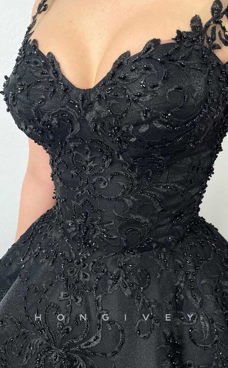 L2002 - Sexy Satin A-Line Sweetheart Straps Empire Illusion Beaded Appliques Party Prom Evening Dress - Fashionpara