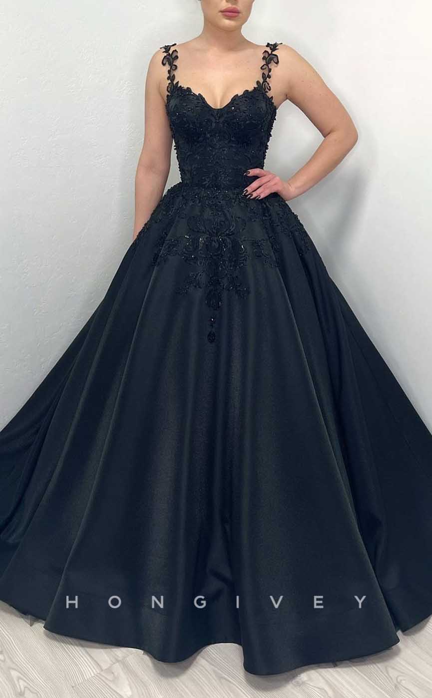 L2002 - Sexy Satin A-Line Sweetheart Straps Empire Illusion Beaded Appliques Party Prom Evening Dress - Fashionpara