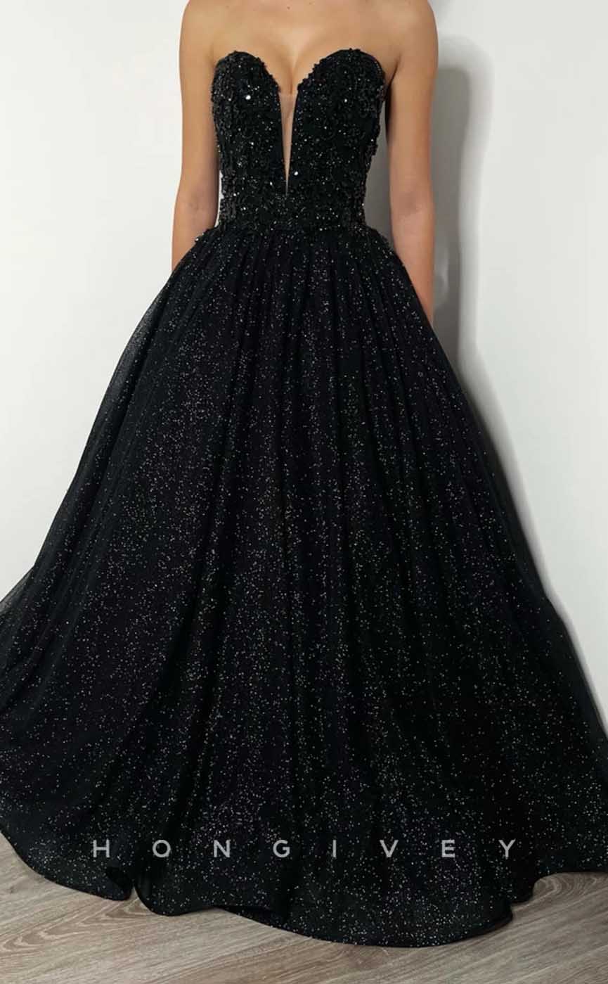 L2003 - Sexy Satin Glitter A-Line Sweetheart Strapless Empire Beaded With Train Party Prom Evening Dress - Fashionpara