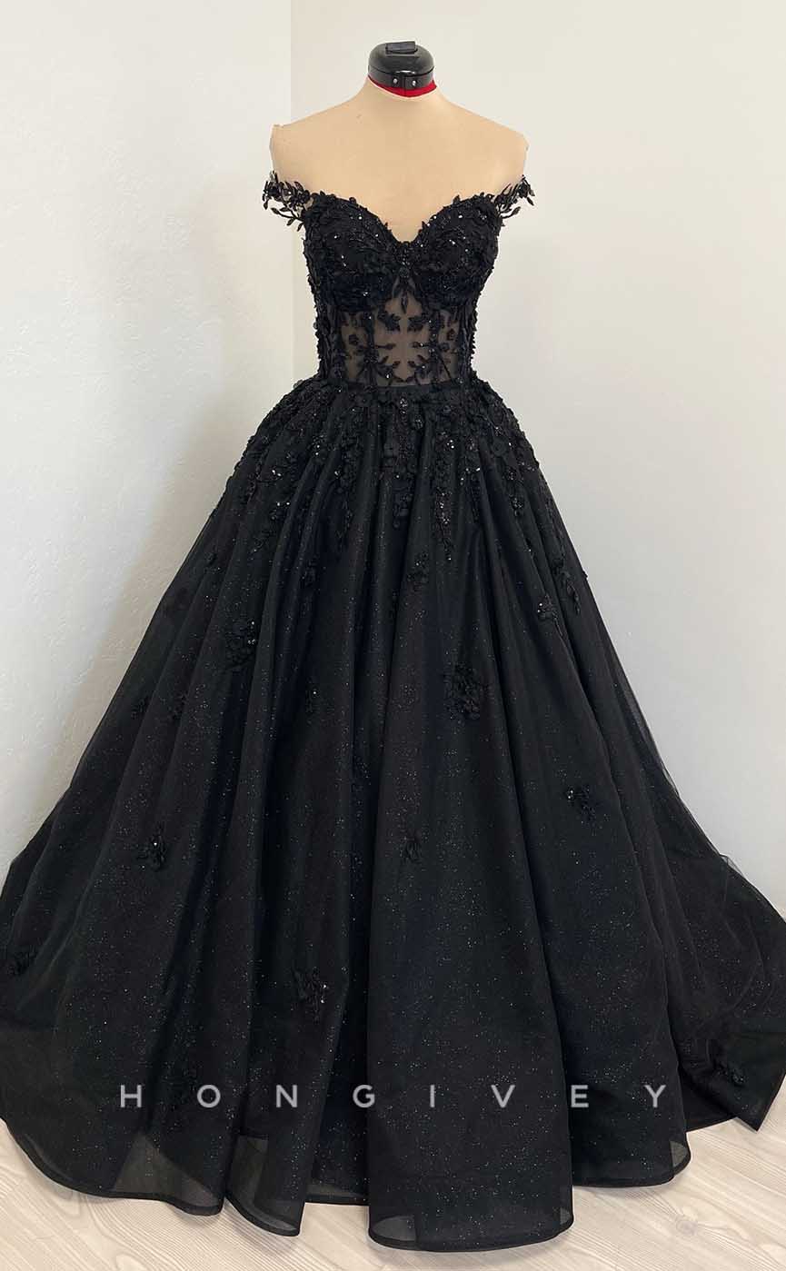 L2004 - Sexy Glitter Satin A-Line Off-Shoulder Illusion Empire Beaded Appliques Party Prom Evening Dress - Fashionpara